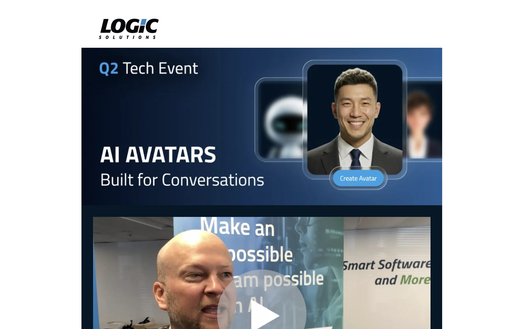 Top of a Logic Solutions email promoting the Q2 Tech Event, AI Avatars Built for Conversations